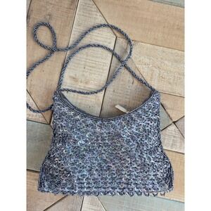 Vintage Metallic Blue Iridescent Beaded Shoulder Evening Bag Purse Formal Silver